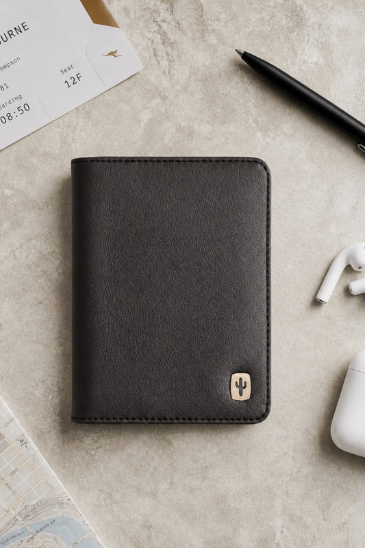 Vegan passport holder in black made from cactus leather, front view