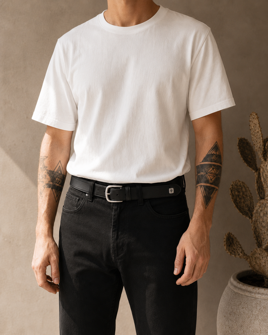 Vegan Mens belt with silver hardware made from cactus leather, front view