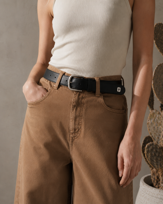 Vegan Womens belt with silver hardware made from cactus leather, front view