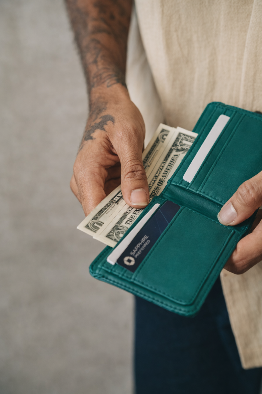 Vegan Mens wallet in teal made from cactus leather, interior view