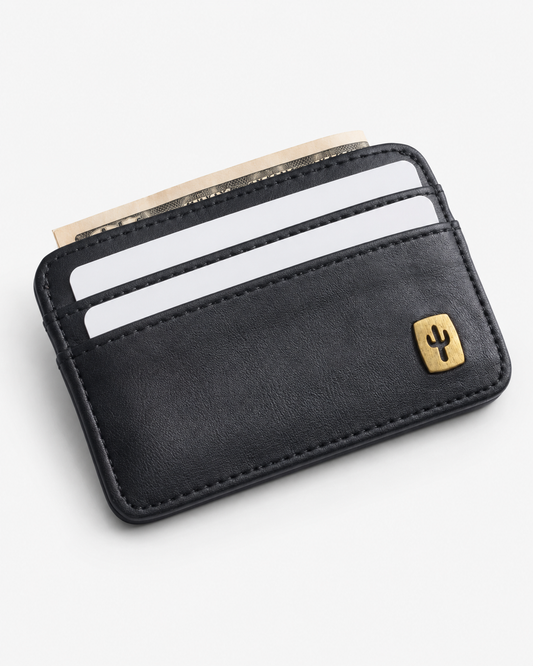 Vegan card holder in black made from cactus leather, front view