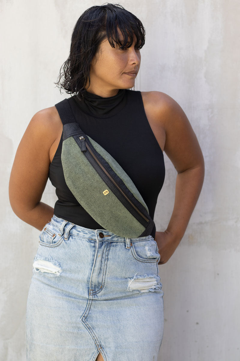 Body bag made with Piñatex Pineapple Leather and Cotton Canvas