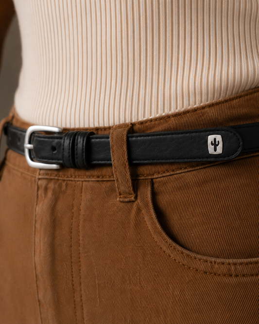 Vegan Unisex belt with silver hardware made from cactus leather, front view