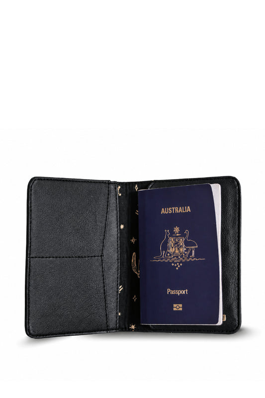 Vegan passport holder in black made from cactus leather