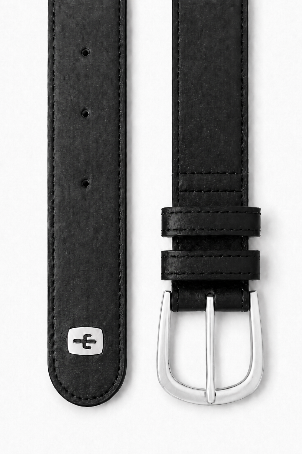 Vegan belt with silver hardware made from cactus leather, detail view