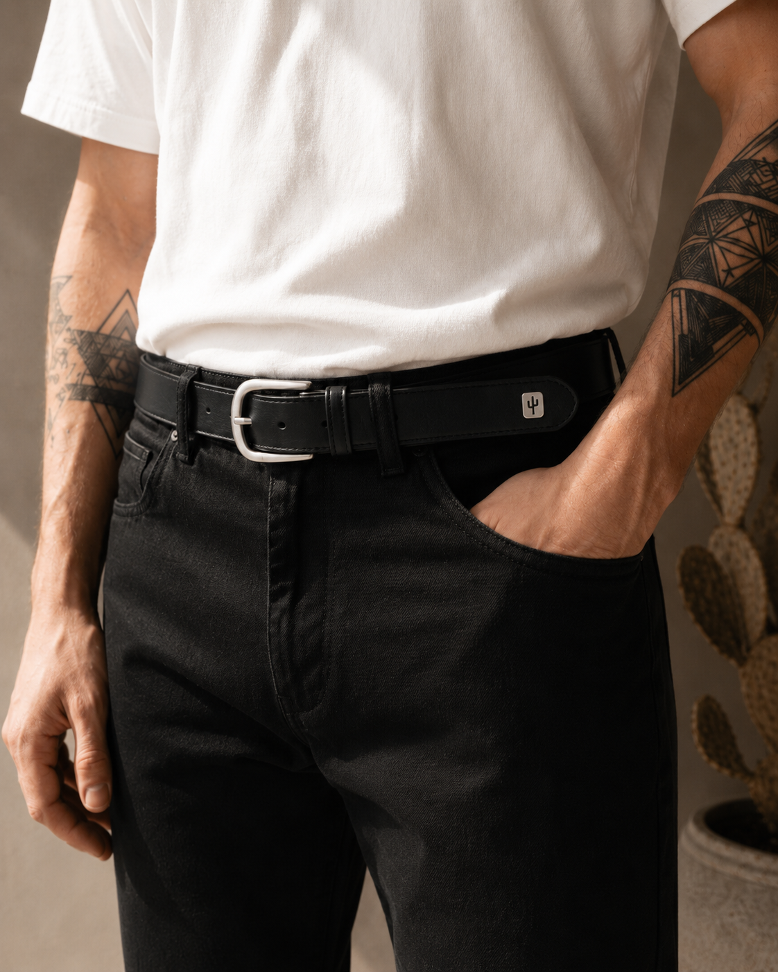 Vegan Mens belt with silver hardware made from cactus leather, detail view