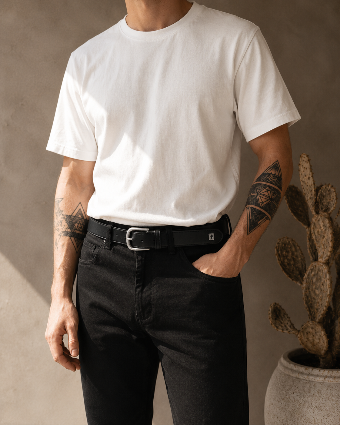 Vegan Mens belt with silver hardware made from cactus leather, interior view