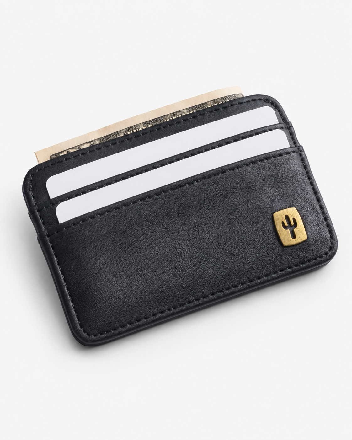 Vegan card holder in black made from cactus leather, front view