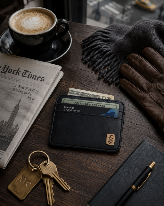 Vegan wallet in black made from piñatex pineapple leather, front view