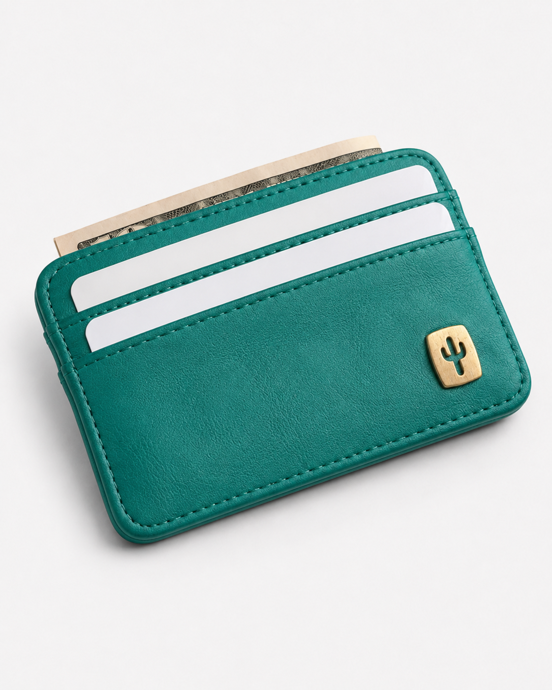 Vegan Womens card holder in teal made from cactus leather, side view