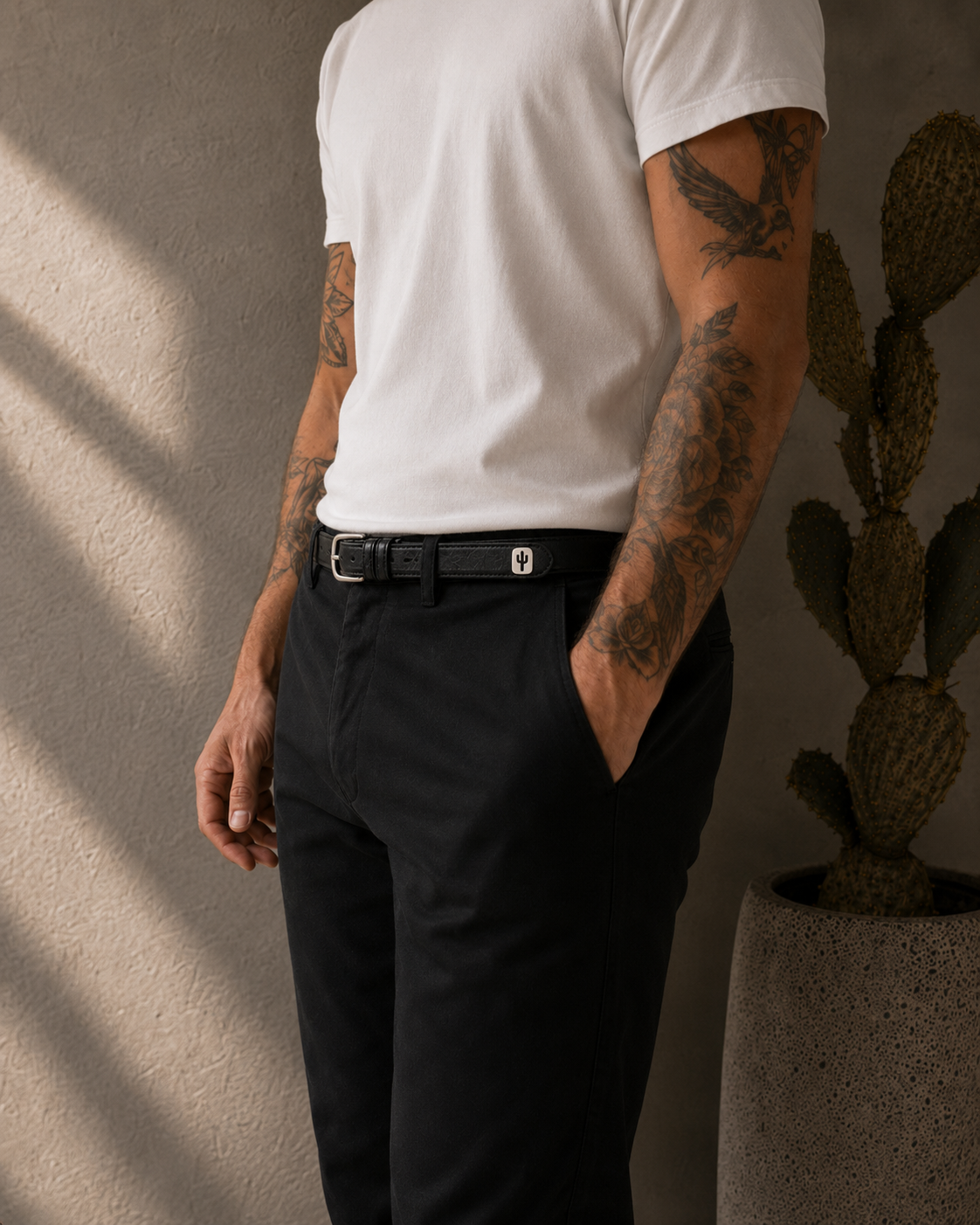 Vegan Unisex belt with silver hardware made from cactus leather, interior view