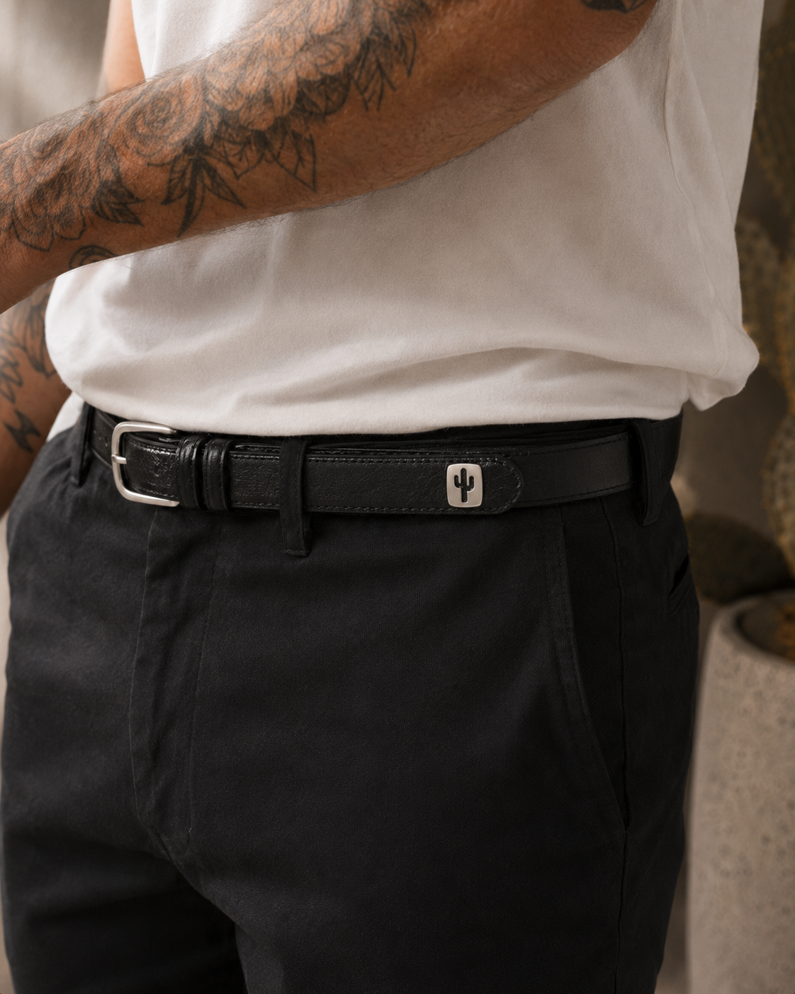 Vegan Unisex belt with silver hardware made from cactus leather, front view