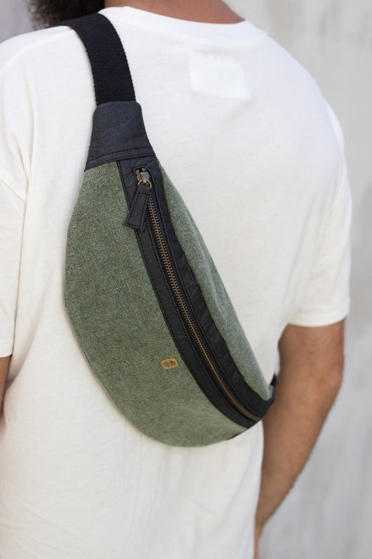 Waist bag mens green cotton canvas sustainable